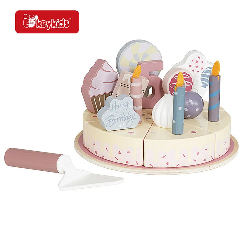 Pretend Food Play Set Wooden Birthday Cake Toy for Kids Ages 3+ W10B547